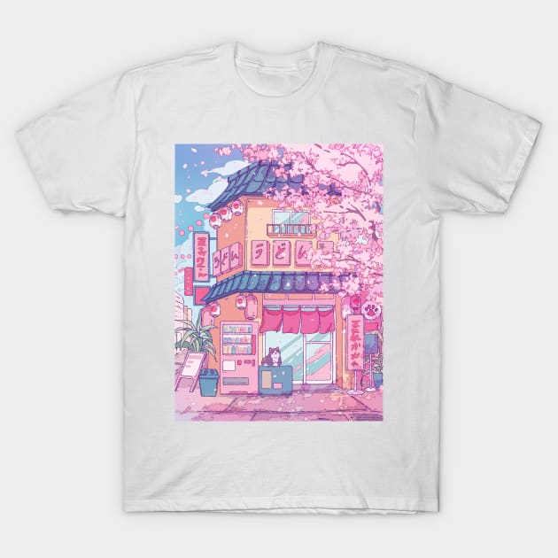 Cute cats' cafe and the pink cherry trees blossom T-Shirt by AnGo